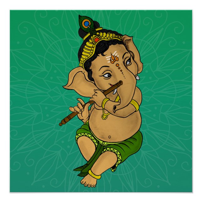 Lord Ganesha Playing Flute Poster  (Front)