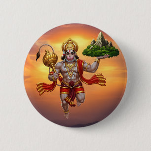 Lord Hanuman Flying Lifting Mountain 2 Inch Round Button