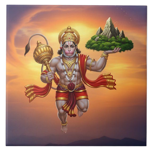 Lord Hanuman Flying Lifting Mountain Tile (Front)