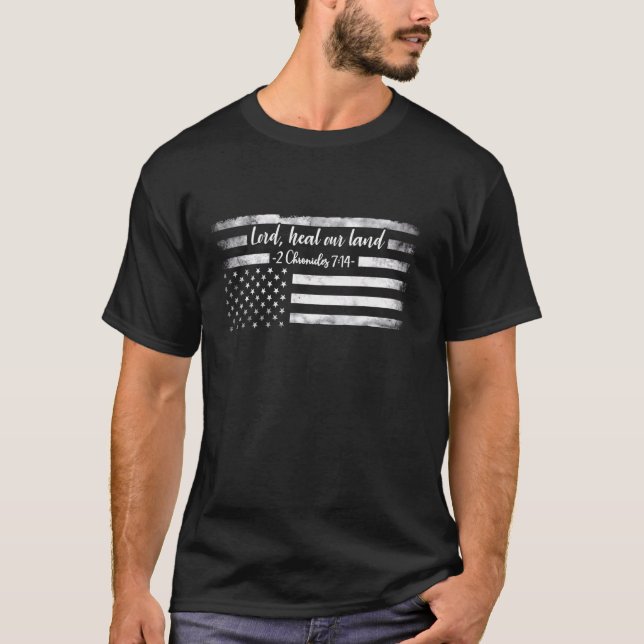 Lord Heal our Land Upside Down American Flag Distr T-Shirt (Front)