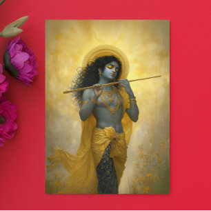 Lord Krishna Playing The Flute Golden Yellow Art Postcard