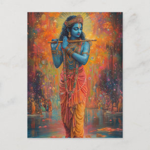 Lord Krishna playing the Flute Orange Blue Art Postcard