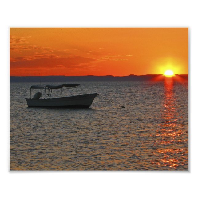 Loreto Mexico Fishing Boat, Orange Sunset Sky Photo Print (Front)