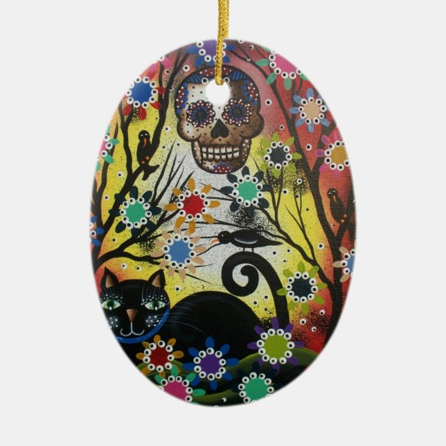 Lori Everett_ Day Of The Dead,Cat,Skull,Ornament Ceramic Ornament (Front)