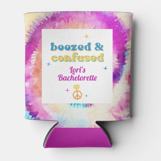 LORI Tie Dye Dazed Engaged 70s Retro Bachelorette  Can Cooler (Front)