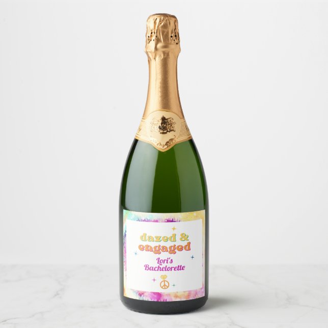 LORI Tie Dye Dazed Engaged 70s Retro Bachelorette Sparkling Wine Label (Front)