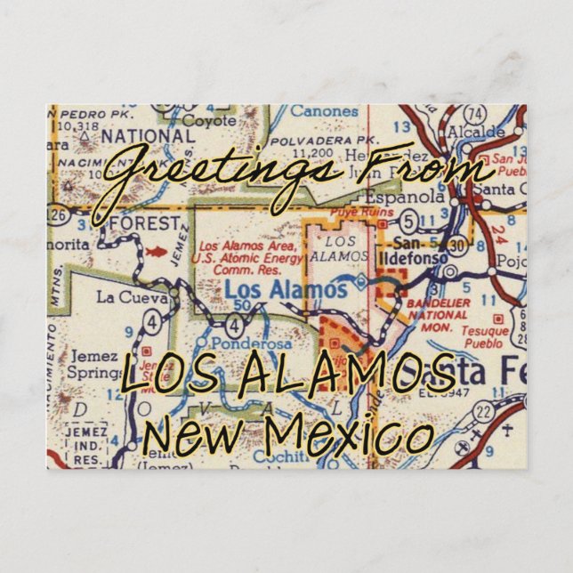 Los Alamos NM Vintage Map Postcard (Front)