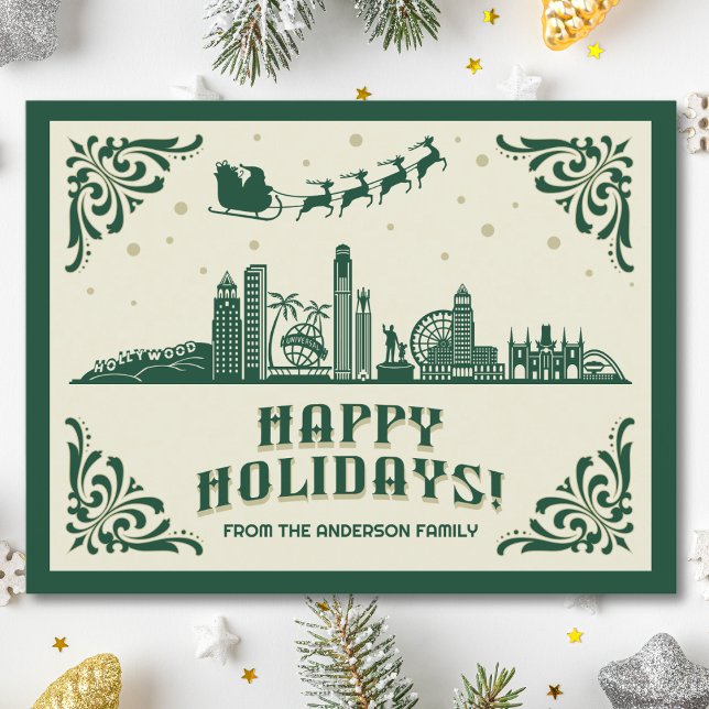 Los Angeles, CA Skyline Happy Holidays Postcard ("happy holidays" Los Angeles, CA skyline holiday christmas postcard modern design Santa green)
