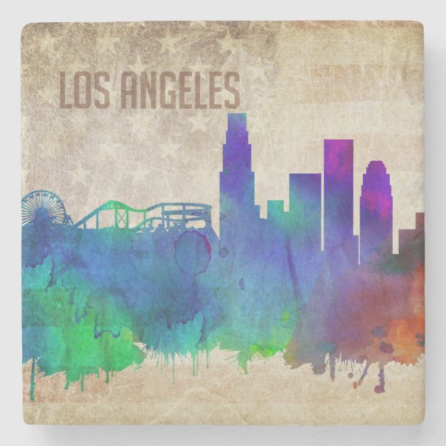 Los Angeles, CA | Watercolor City Skyline Stone Coaster (Front)