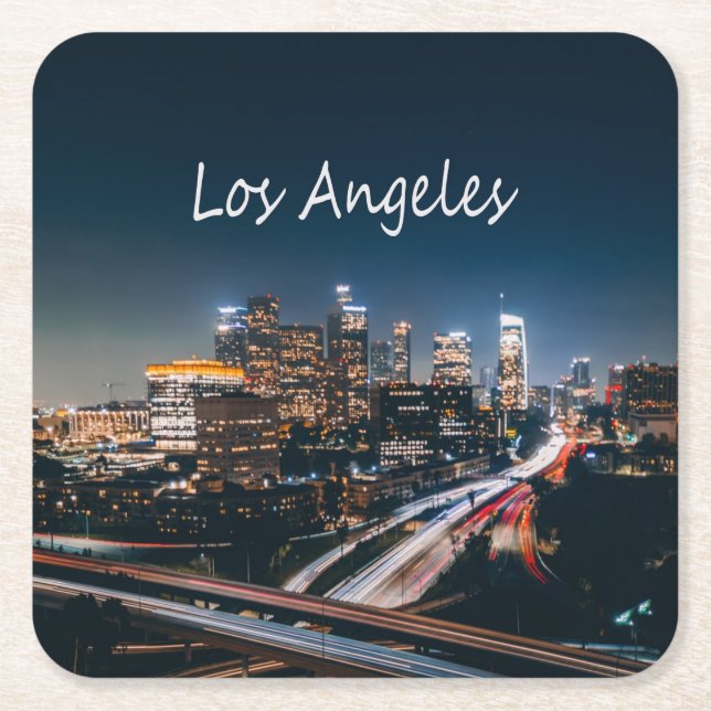 Los Angeles California City Skyline at night Square Paper Coaster (Front)