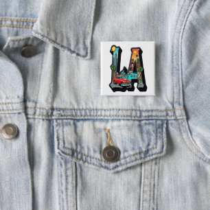 Los Angeles Gothic Retro Car & Skeletons Design 2 Inch Square Button