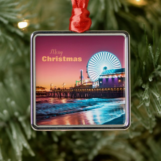 Los Angeles Pink Blue Ferris Wheel Beach Sunset Metal Ornament (Tree)