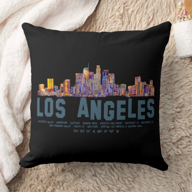 Los Angeles Skyline. Area Names and Coordinates Throw Pillow (Blanket)