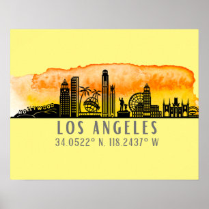 Los Angeles Skyline Latitude and Longitude Poster