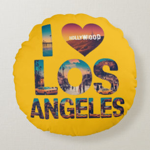 Los Angeles Skyline Sunset & Hollywood Typography Round Pillow