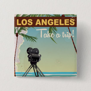 Los angeles vintage camera beach travel poster 2 inch square button