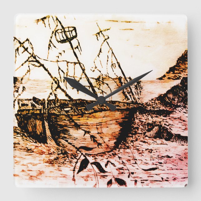 Lost and forgotten ship square wall clock (Front)