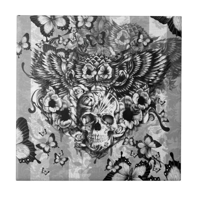 Lost and found, floral owl with sugar skull tile (Front)