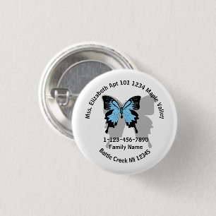 Lost Blue Backed Butterfly Family Home Address  1 Inch Round Button