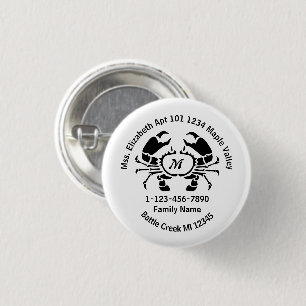 Lost Crab Monogram Family Home Address 1 Inch Round Button