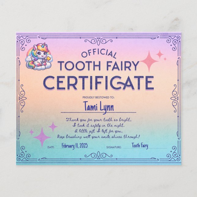 Lost First Tooth Fairy Certificate (Front)
