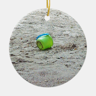 Lost Green Bucket in Sand on Summer Beach Ceramic Ornament