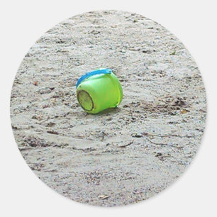 Lost Green Bucket in Sand on Summer Beach Classic Round Sticker