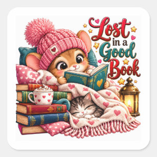 Lost in a Good Book Cat Reader Square Sticker