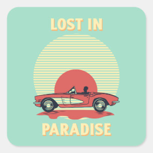 Lost in Paradise – Retro Convertible Sunset Summer Square Sticker
