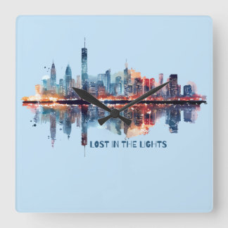Lost in the Lights - Watercolor City Skyline Square Wall Clock