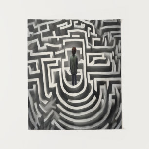 Lost in the Maze Abstract Black-and-White Art Tapestry