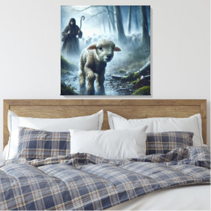 Lost Lamb With Shepherd In Rainy Forest Canvas Print