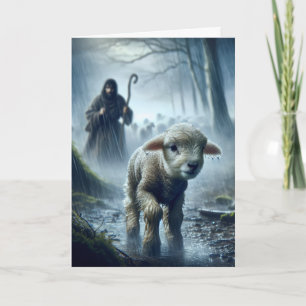 Lost Lamb With Shepherd In Rainy Forest Card