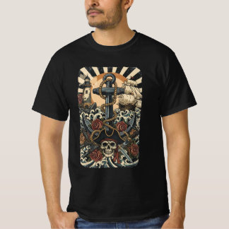 Lost Pirates in the Ocean Halftone Black T-Shirt