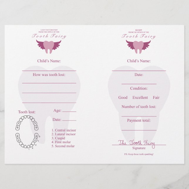 Lost Tooth Keepsake Note & Reciept for Kids Pink (Front)