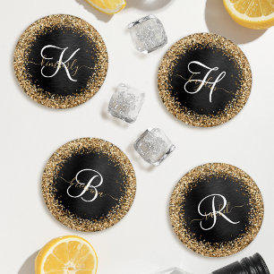 Lot De Dessous-de-verres Monogramme à étincelle noire à Parties scintillant