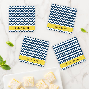 Lot De Dessous-de-verres Navy Blue Zigzag, Navy Blue Chevron, Votre nom