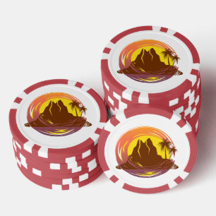 Lot De Jeton De Poker Badge avec paysage volcanique tropical et palmiers
