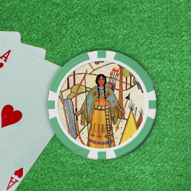 Lot De Jeton De Poker Cascade d'une femme amérindienne de Bow Arrow (Native American lady traditional clothes bow arrow under with trees on embroidered look poker chips.)