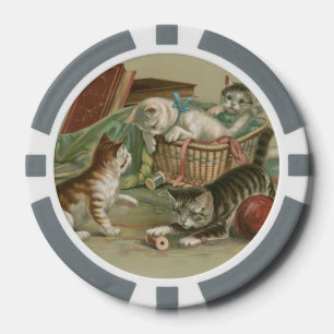 Lot De Jeton De Poker Chatons victoriens vintage jouant dans un panier à