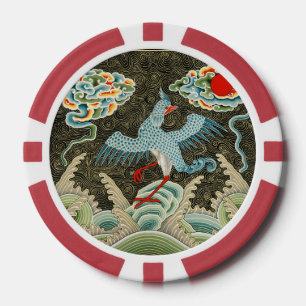 Lot De Jeton De Poker Chinoiserie Motif de grue dorée et de vague marine