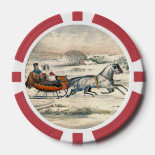 Lot De Jeton De Poker Classique 1853 Traîneau Currier Ives Route Hiver