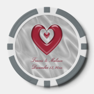 Lot De Jeton De Poker Coeur d'argent rouge Votre nom Mariage Faveurs