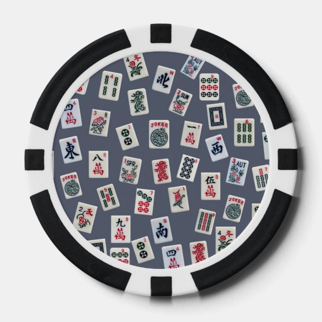Lot De Jeton De Poker conception de tuiles MahJongg sur fond bleu foncé (Recto)