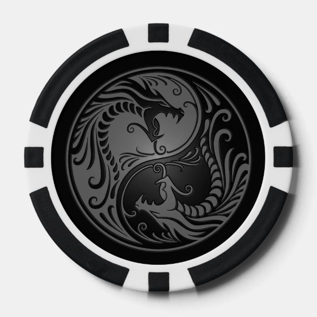 Lot De Jeton De Poker Dragon de Yin Yang gris et noir (Recto)