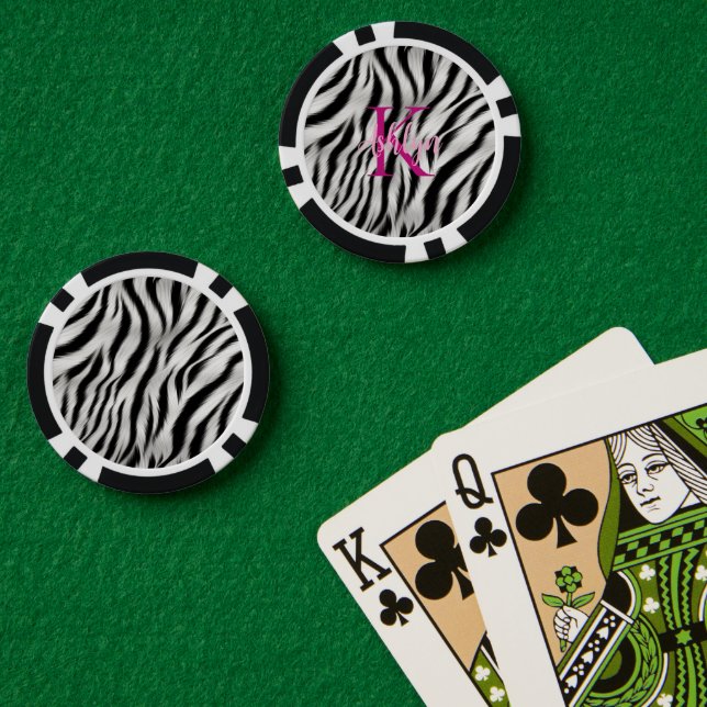 Lot De Jeton De Poker Élégant noir blanc zèbre animal rose monogramme (Table de poker (double))
