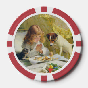 Lot De Jeton De Poker Fille Vintage priant avec l'art de chat et de chie