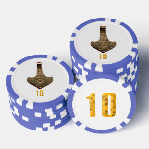 Lot De Jeton De Poker Gold Thor Hammer blanc bleu 10 puce de poker rayé