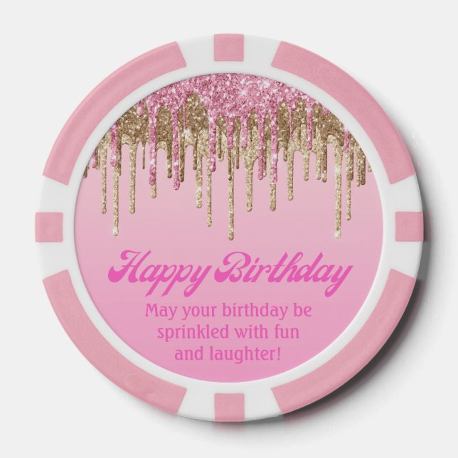 Lot De Jeton De Poker heureux anniversaire or rose gouttes parties scint (Recto)
