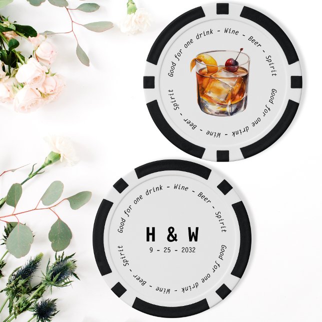 Lot De Jeton De Poker Mariage du bon de boisson Black White (Modern Black White Cocktail Drink Voucher Wedding Poker Chips)